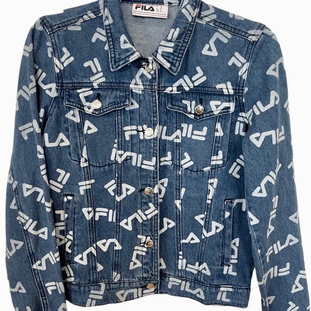 FILA Blue Denim Jacket Womens Size Extra Small Spell Out rhinestones